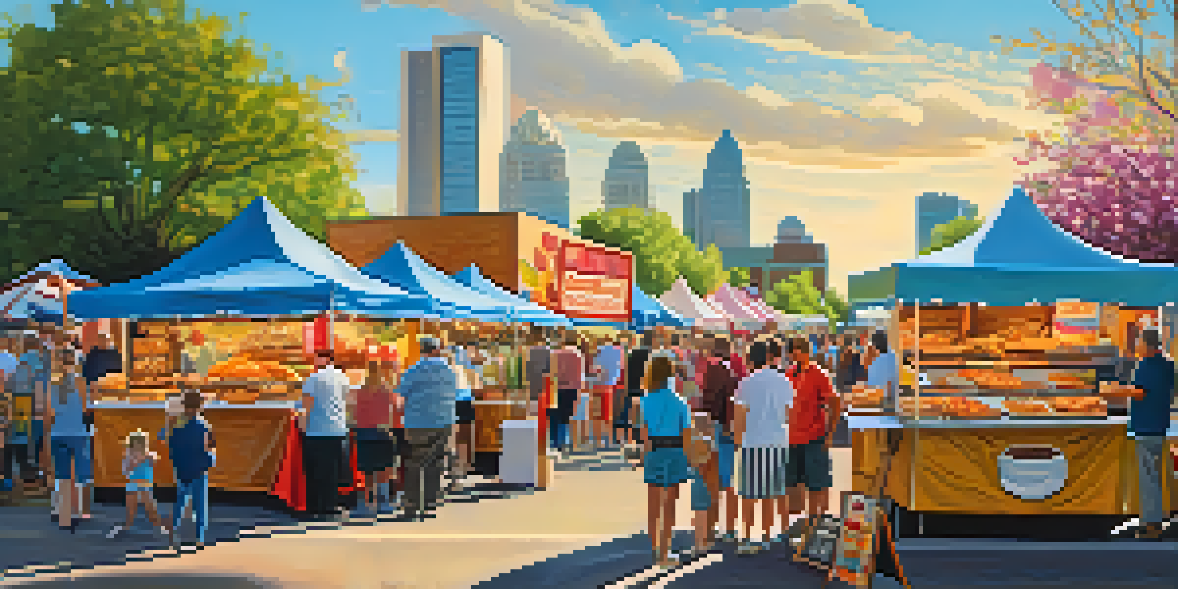A lively outdoor food festival in Charlotte with diverse food booths, people enjoying food, and colorful decorations under a bright sun.