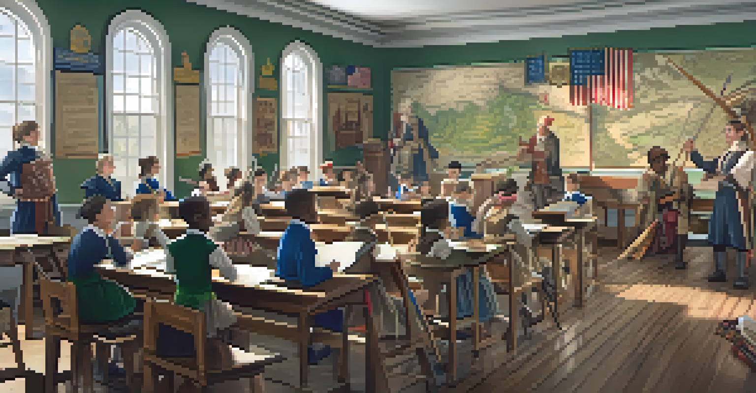 Students in a classroom reenacting the Revolutionary War, surrounded by educational materials and colorful decorations.
