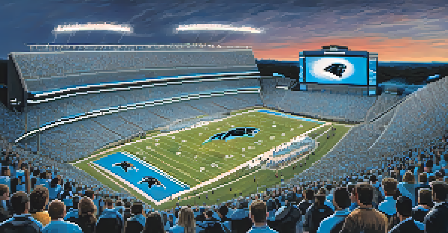 An aerial perspective of Bank of America Stadium packed with fans during a Carolina Panthers football game under the evening sky.