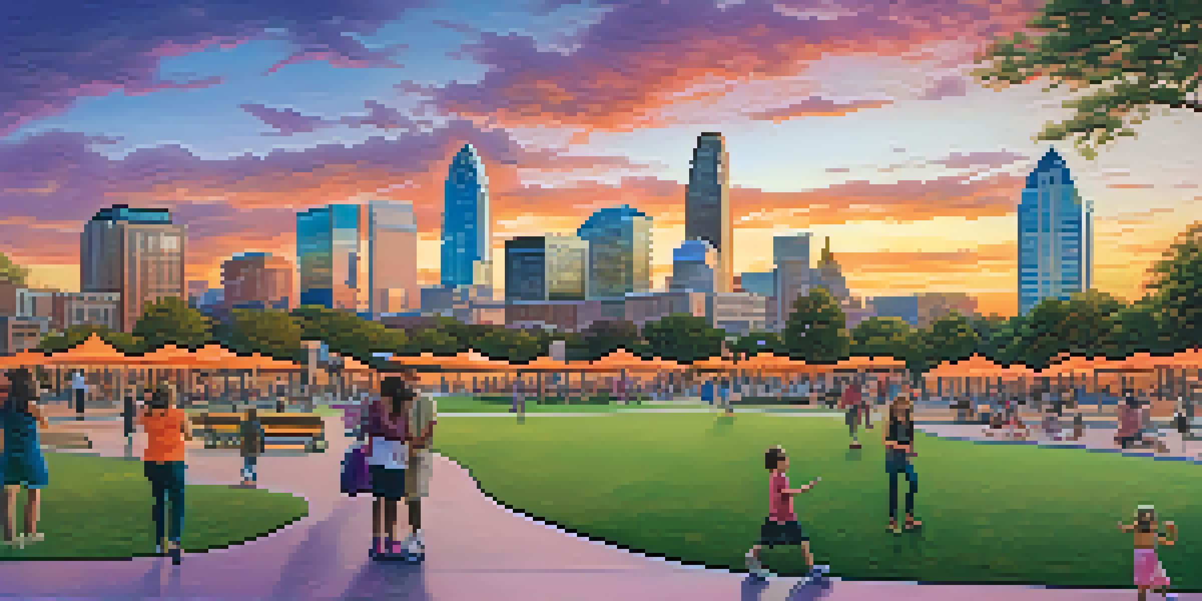 A sunset view of Charlotte's skyline with vibrant colors in the sky and people enjoying a park in the foreground.