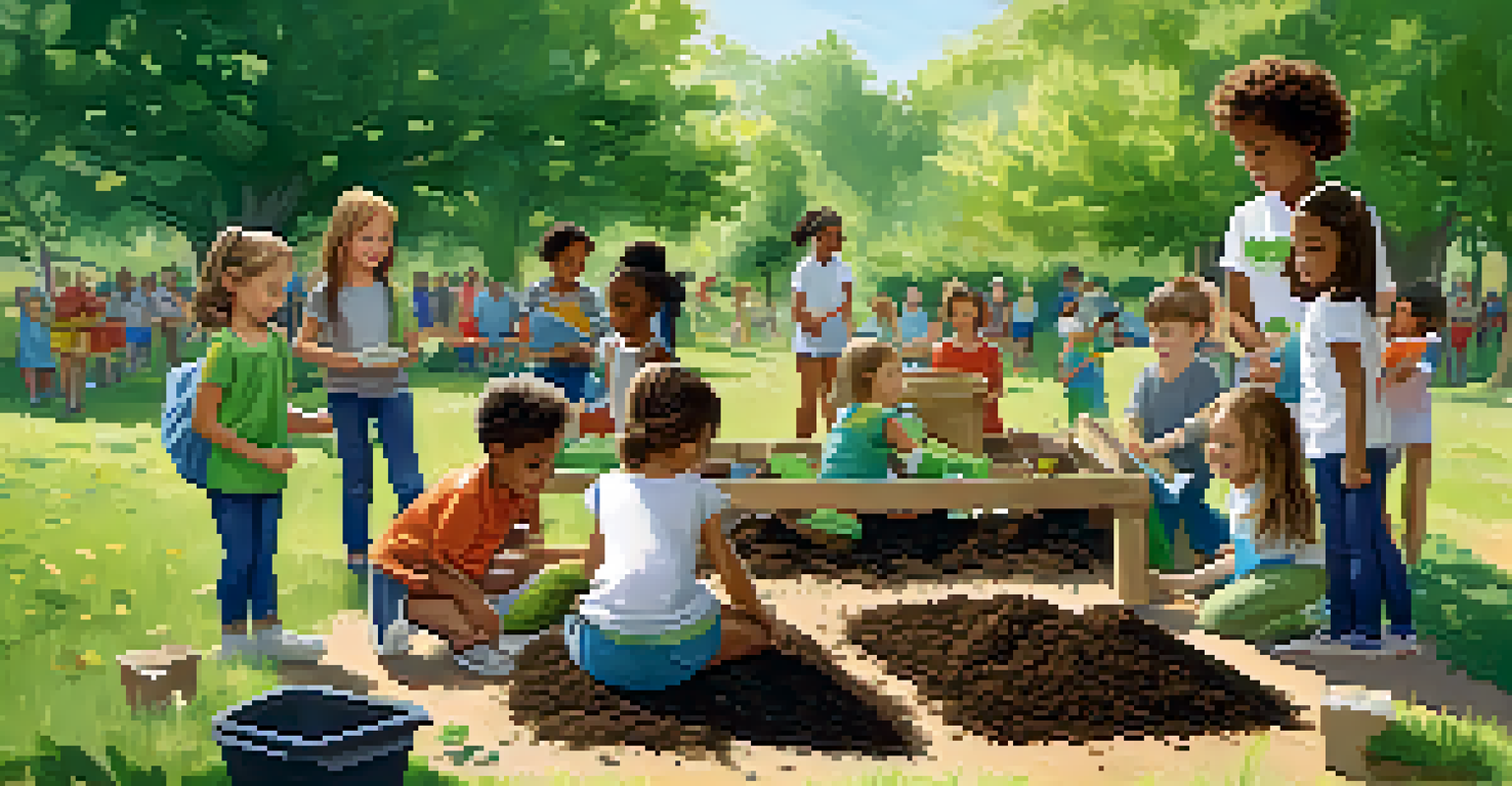 Children participating in a hands-on workshop about composting and recycling in a sunny park, with engaging activities and educational materials around them.
