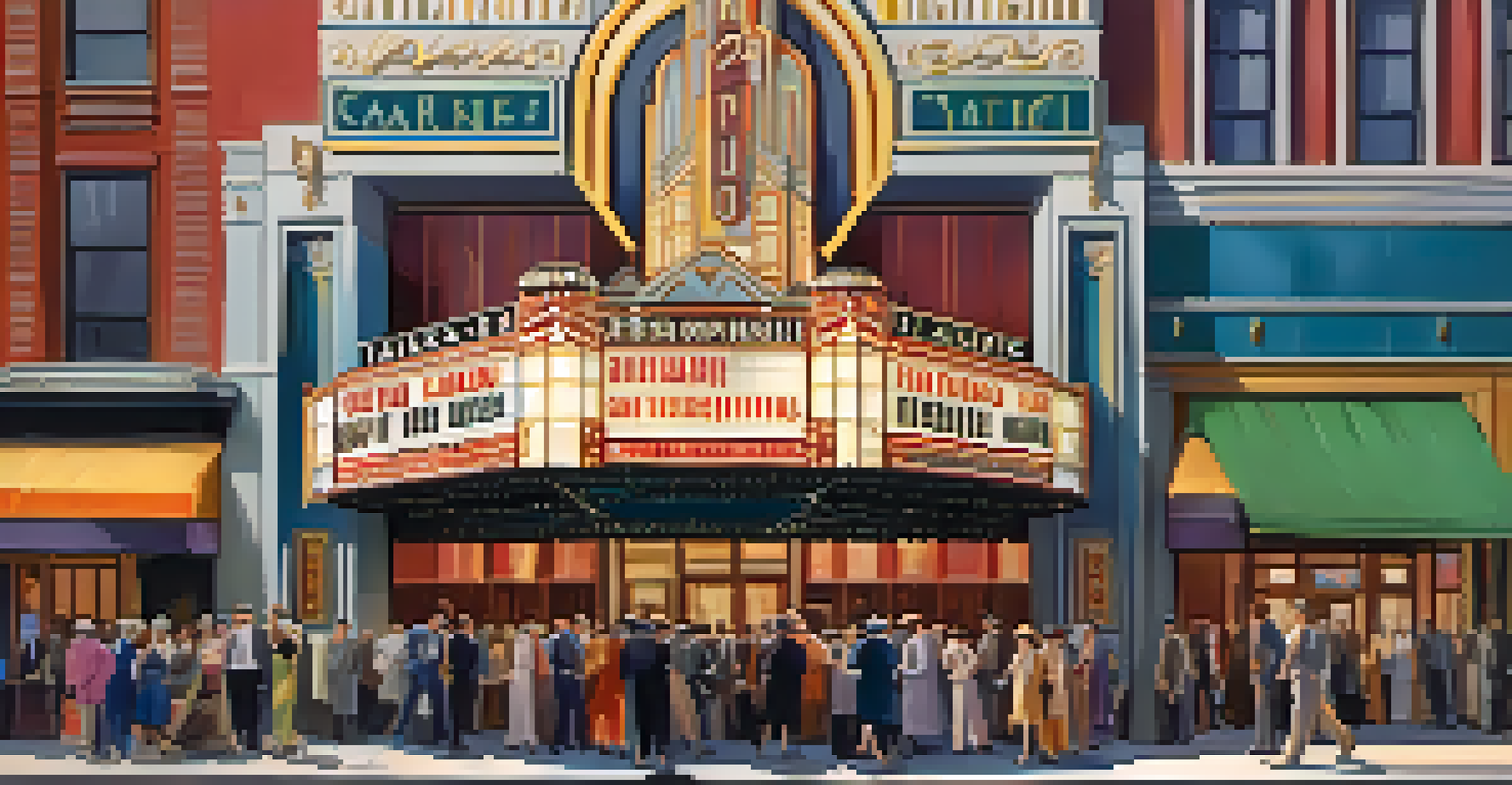 A lively 1920s street scene in Charlotte with a talkies theater, featuring colorful banners and excited moviegoers.