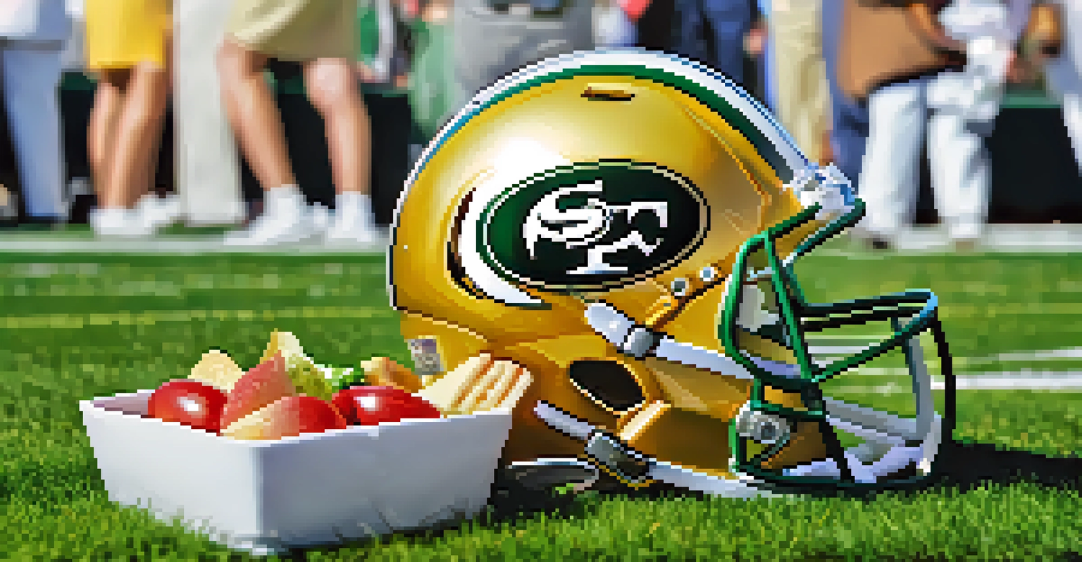 A detailed view of a football helmet on the grass with fans tailgating in the background.