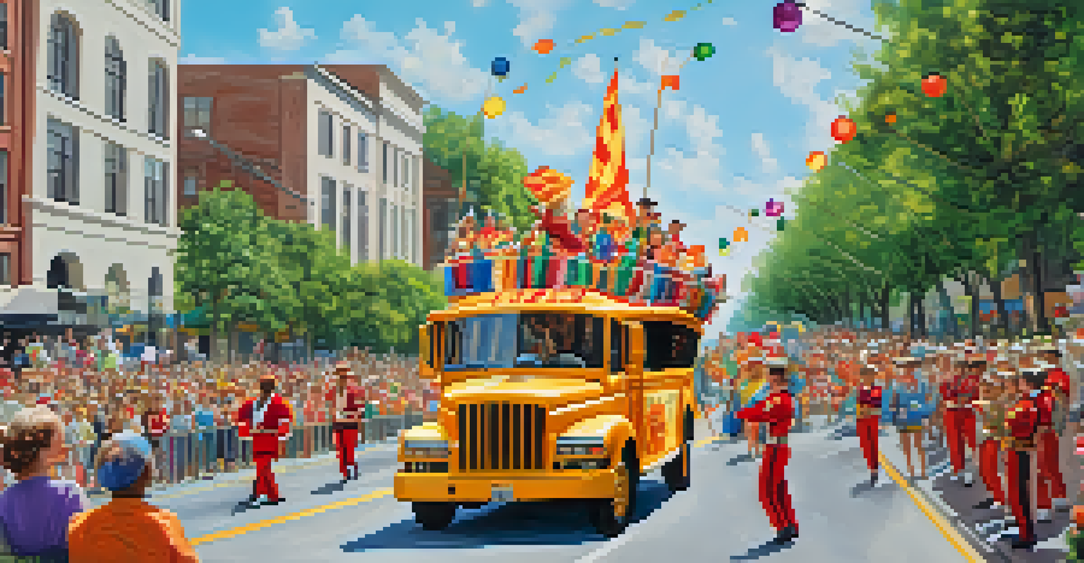 A vibrant parade with floats inspired by art, local artists performing, and families interacting with art installations, showcasing creativity and community spirit.