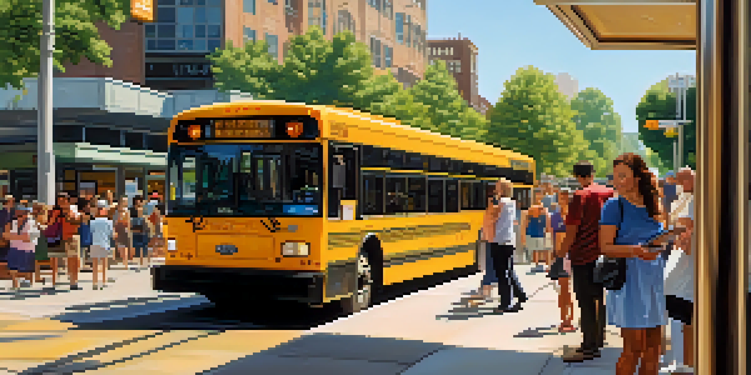 A busy urban scene in Charlotte with various public transport options, including buses and light rail, surrounded by modern buildings and greenery.