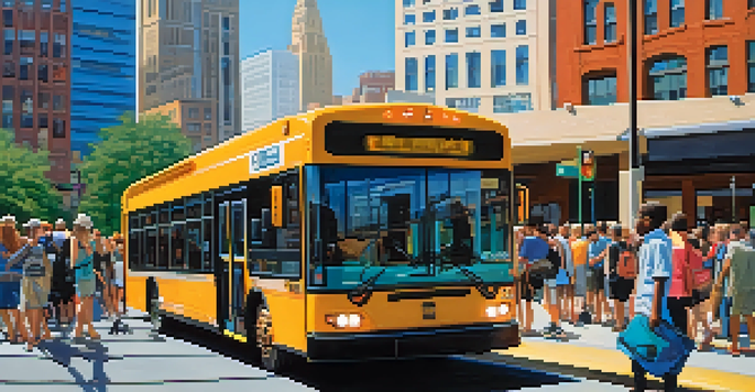 A busy bus stop in Charlotte, with a colorful transit bus and diverse passengers, set against a modern city skyline under a sunny sky.