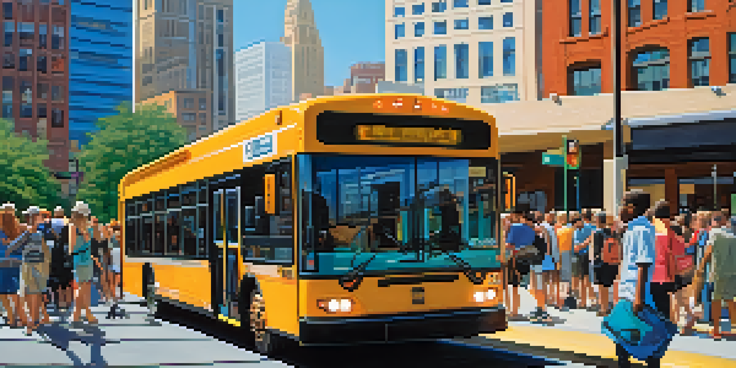 A busy bus stop in Charlotte, with a colorful transit bus and diverse passengers, set against a modern city skyline under a sunny sky.