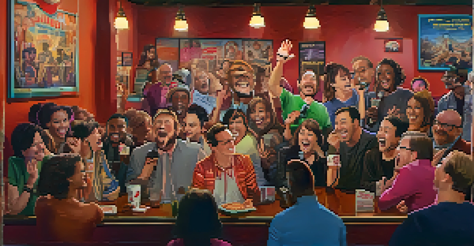 A stand-up comedian performing at The Comedy Zone with an engaged audience enjoying the humor in a warm-lit venue.