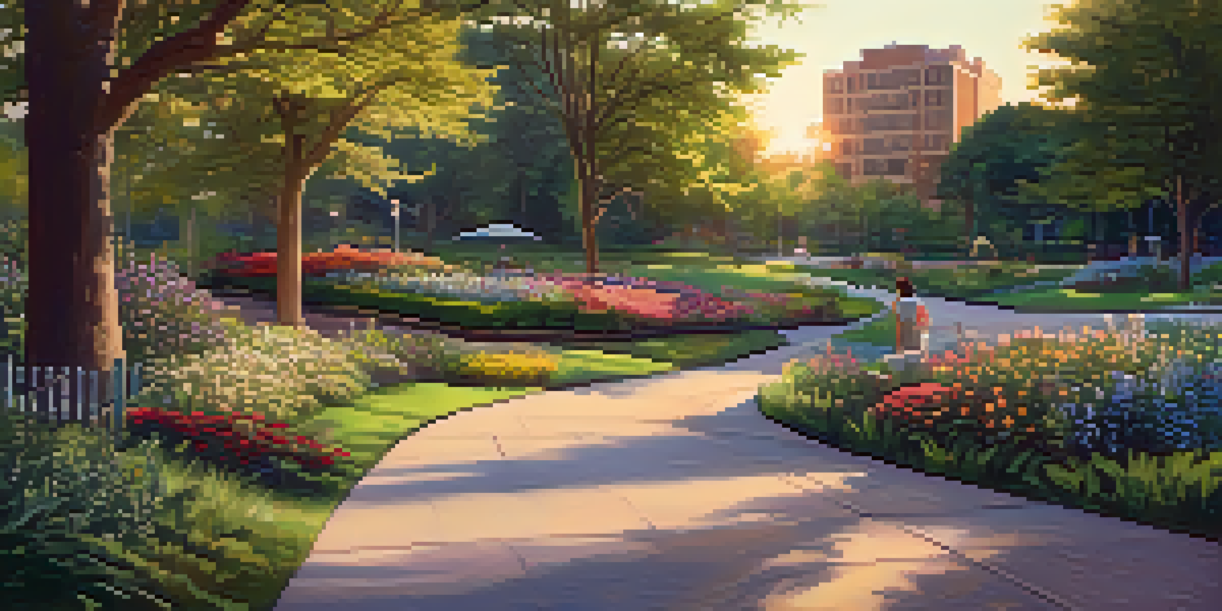 A peaceful urban park in Charlotte with blooming plants, children playing by a pond, and colorful birds in the trees under warm sunlight.