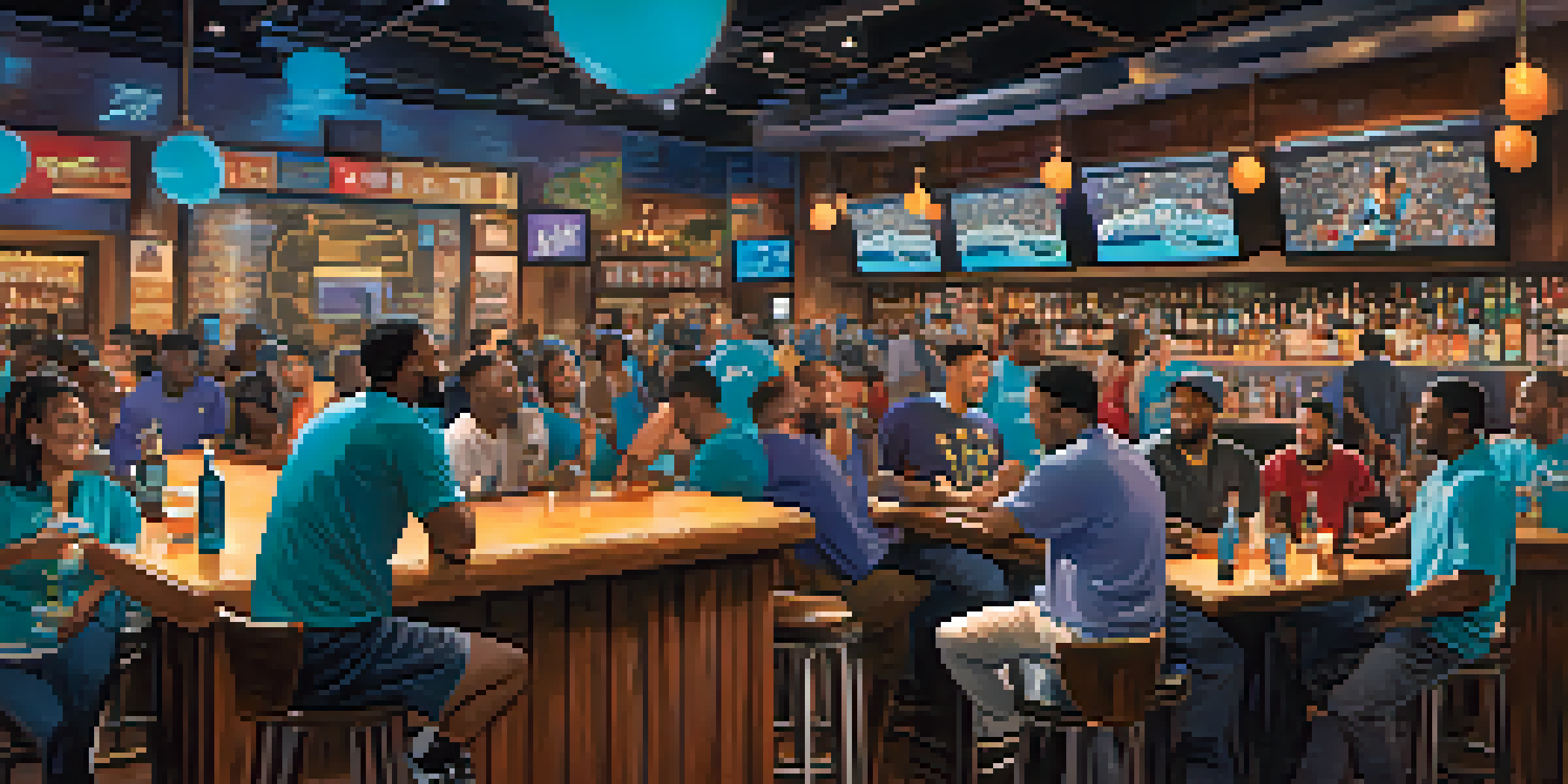A lively sports bar in Charlotte with fans in jerseys, watching a basketball game on a large screen.