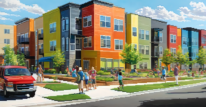 A modern affordable housing complex in Charlotte with diverse residents enjoying the outdoor area.