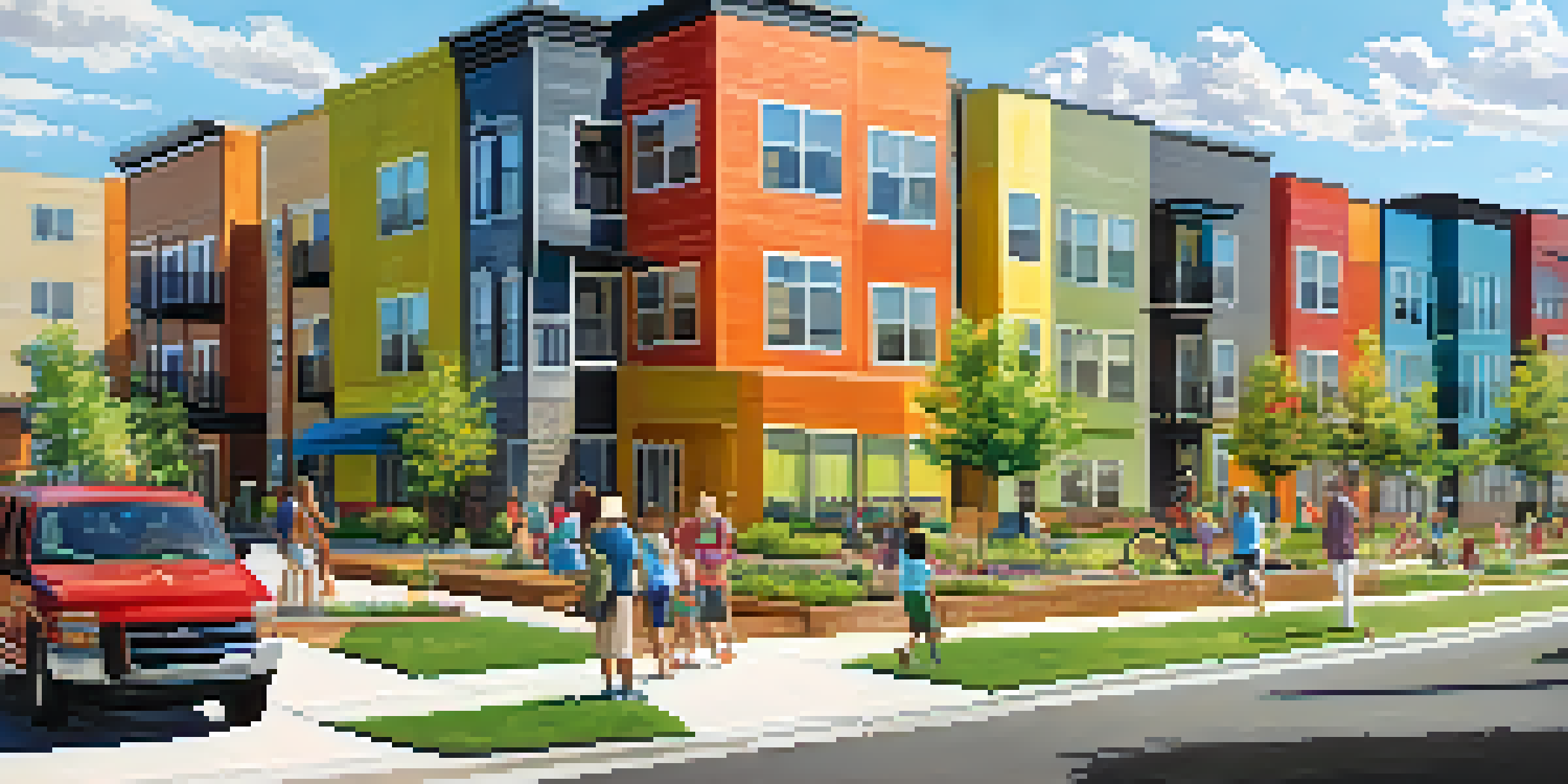 A modern affordable housing complex in Charlotte with diverse residents enjoying the outdoor area.