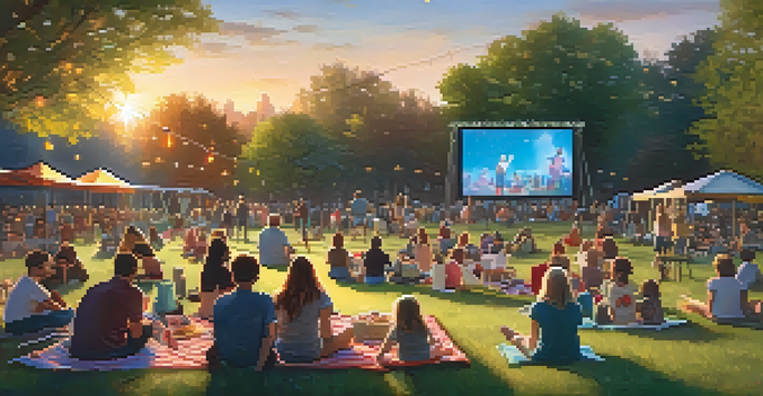 A lively park in Charlotte during an outdoor movie night, featuring families and friends gathered on picnic blankets under starry skies, with a large screen showing a classic film.