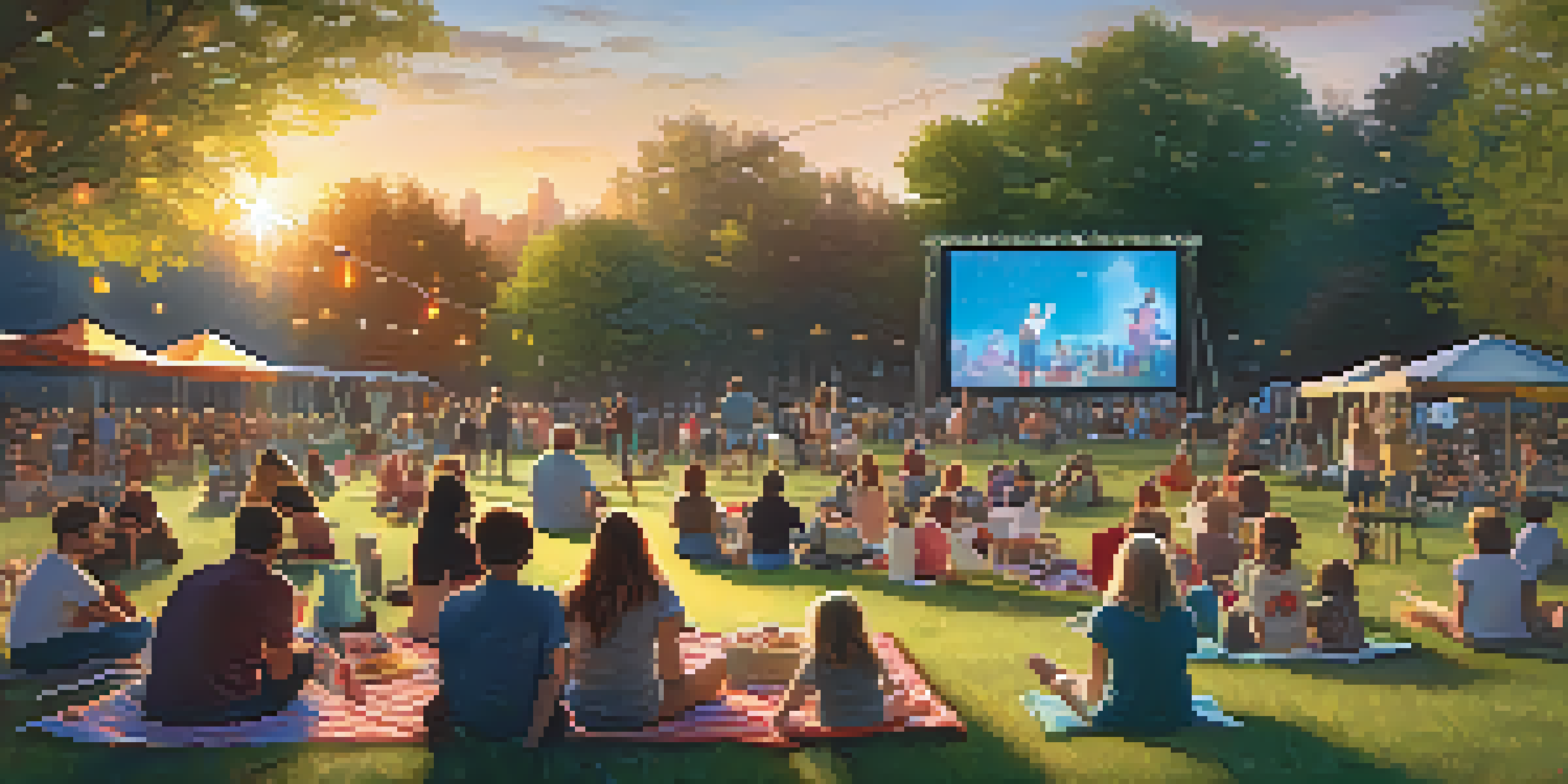 A lively park in Charlotte during an outdoor movie night, featuring families and friends gathered on picnic blankets under starry skies, with a large screen showing a classic film.
