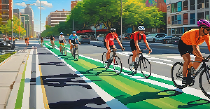 A diverse group of cyclists riding on a sunny day along a colorful bike lane, surrounded by greenery and street art in an urban setting.