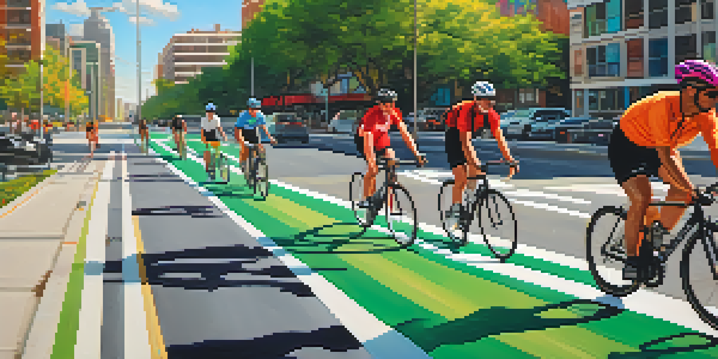 A diverse group of cyclists riding on a sunny day along a colorful bike lane, surrounded by greenery and street art in an urban setting.