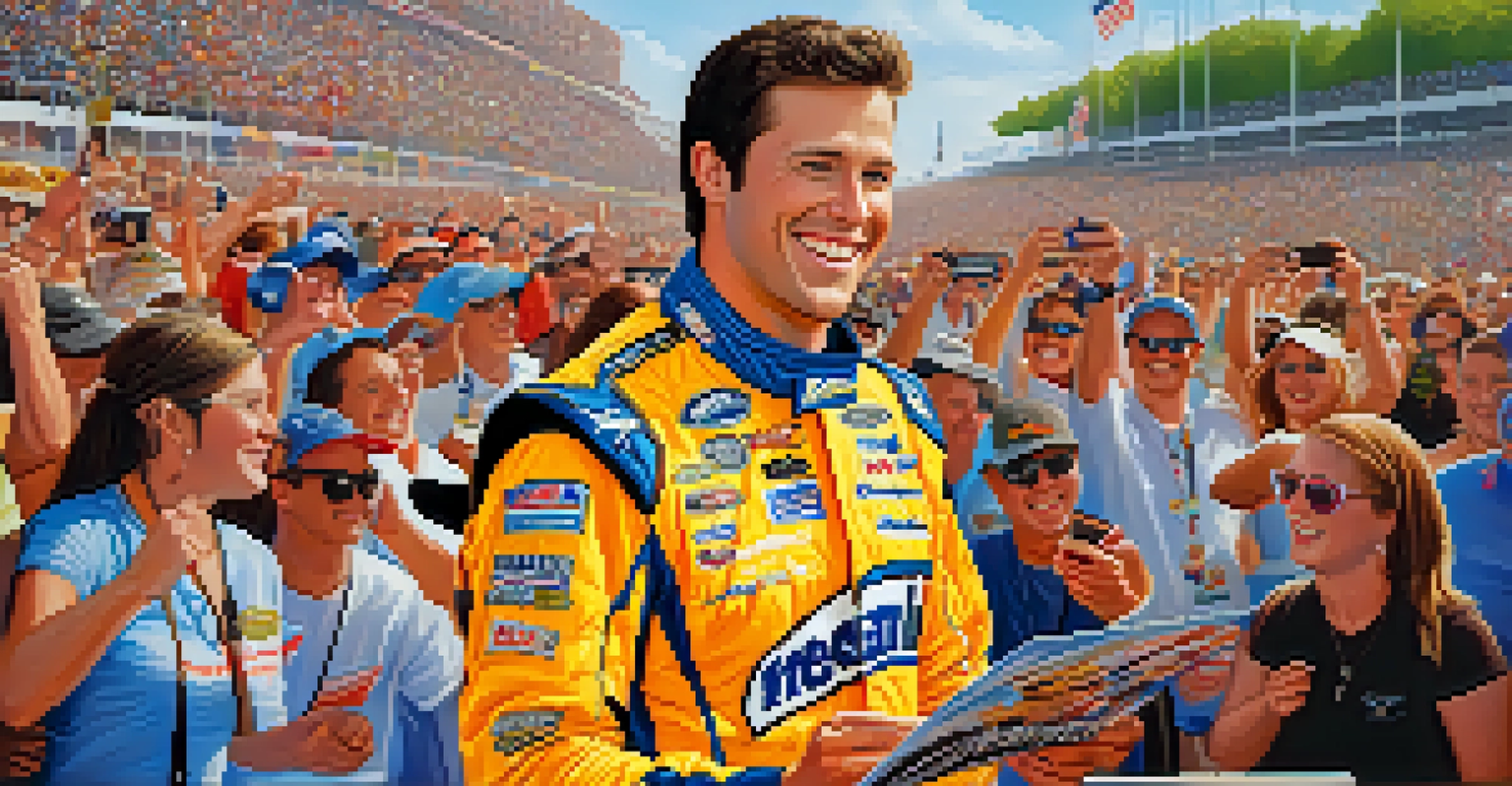A NASCAR driver engaging with fans, smiling and signing autographs during a meet and greet event.
