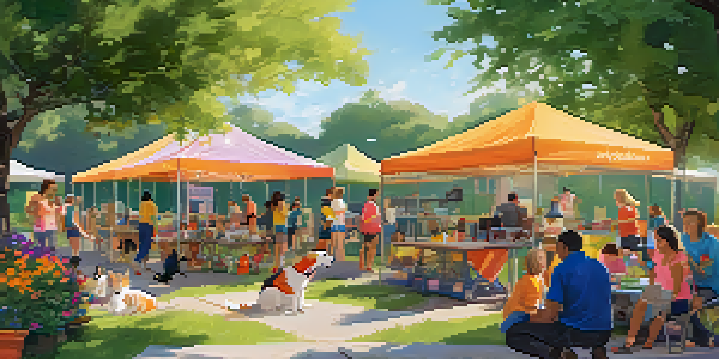 A lively animal adoption event with families interacting with pets, colorful tents, and a sunny outdoor setting.
