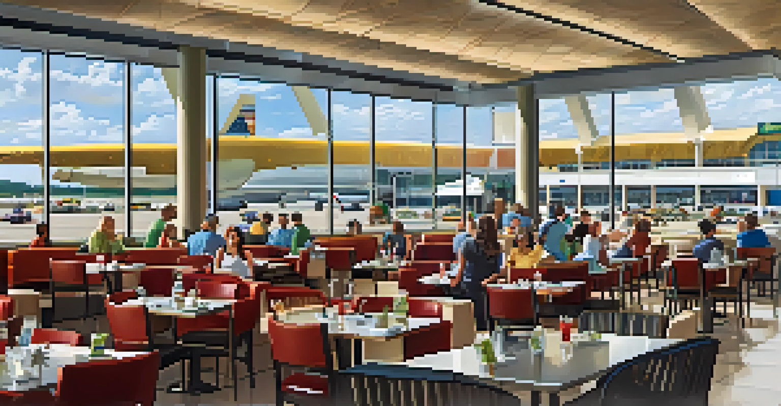Interior of the dining area at Charlotte Douglas International Airport, filled with travelers enjoying their meals and natural light coming through large windows.