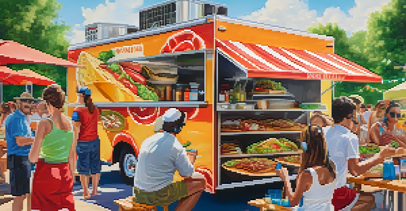 A food truck serving gourmet tacos at a summer food rally, with chefs preparing food and people enjoying meals.