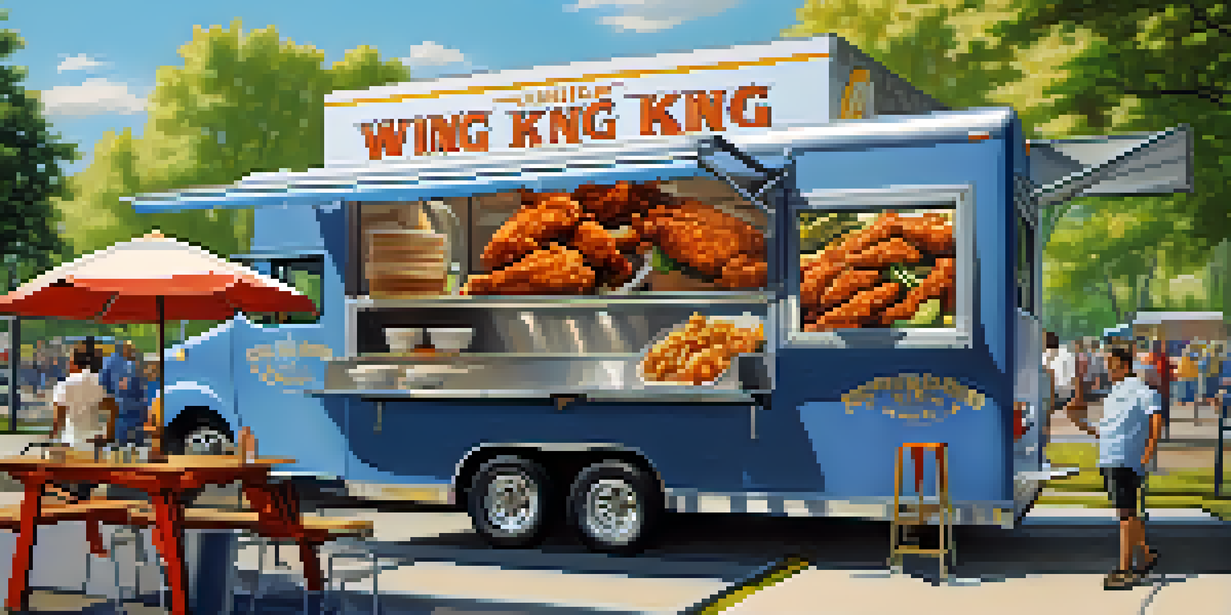 The Wing King food truck with a chef cooking chicken wings, surrounded by customers in a park setting.
