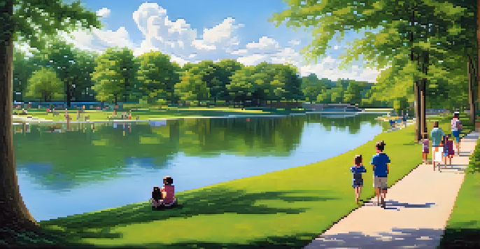 A peaceful park scene with a lake, families having a picnic, and children playing, surrounded by green trees and a blue sky.