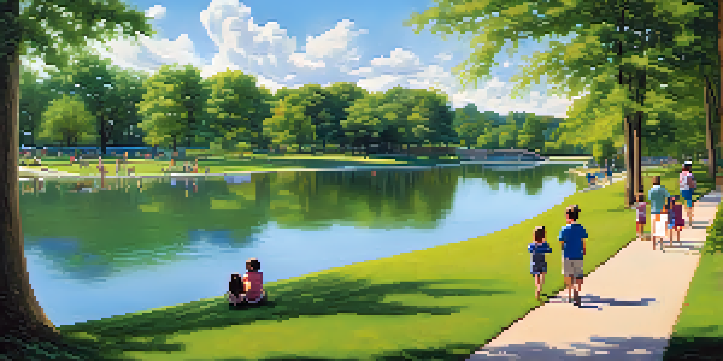 A peaceful park scene with a lake, families having a picnic, and children playing, surrounded by green trees and a blue sky.