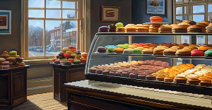 A charming bakery display filled with various pastries and cakes, illuminated by natural light.
