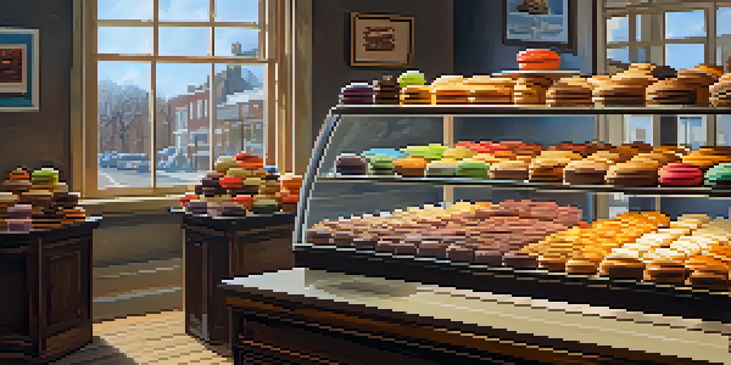 A charming bakery display filled with various pastries and cakes, illuminated by natural light.