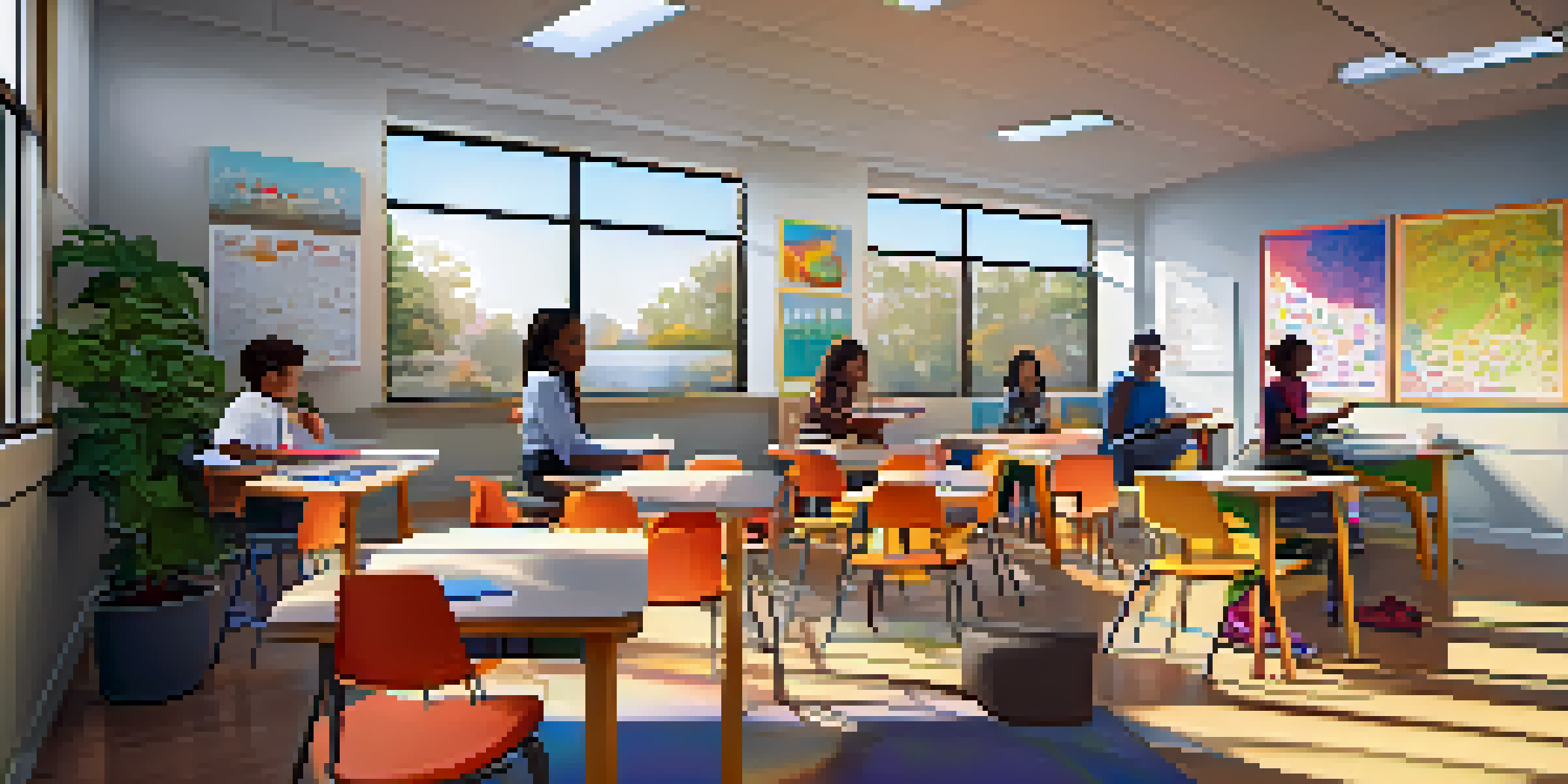 A bright and modern classroom filled with students working together on tablets and smartboards, showcasing a collaborative learning environment.