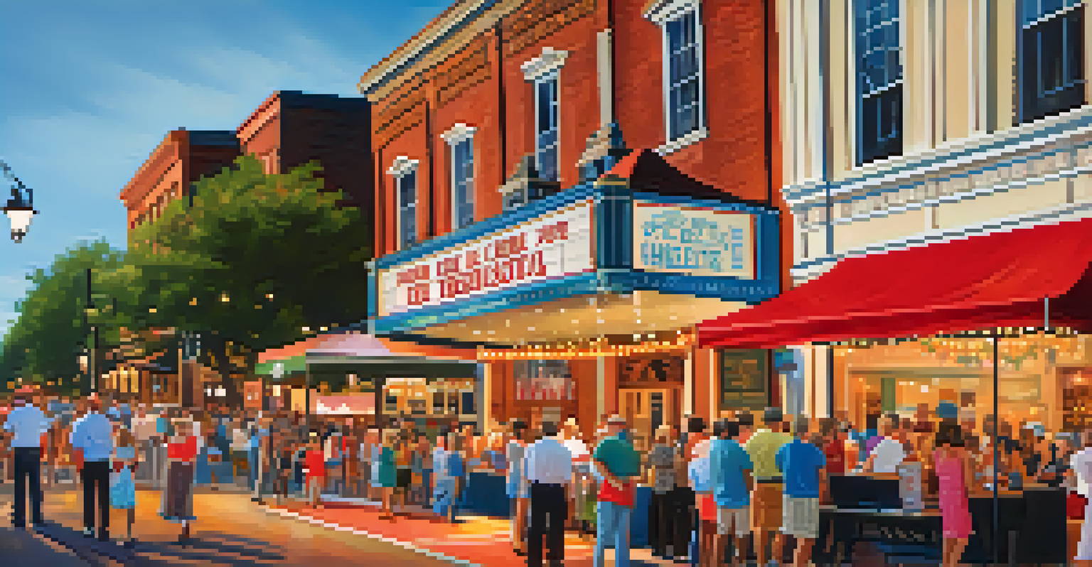 A lively community event in front of a historic theater in Charlotte with families and food stalls.