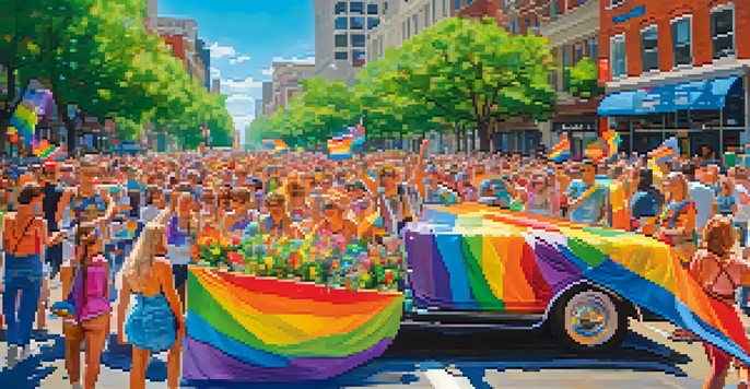 A colorful parade at Charlotte's Pride Festival with participants in rainbow attire and decorated floats, under a clear blue sky.