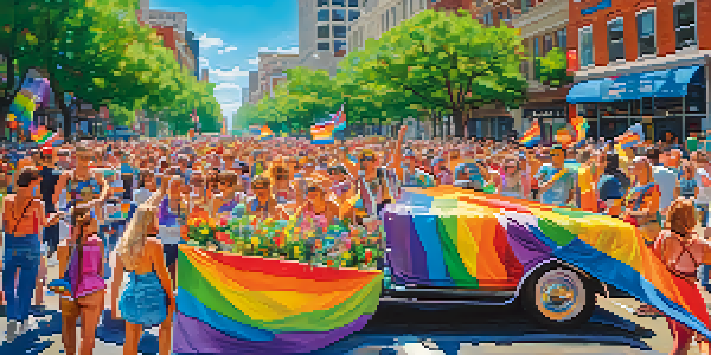 A colorful parade at Charlotte's Pride Festival with participants in rainbow attire and decorated floats, under a clear blue sky.