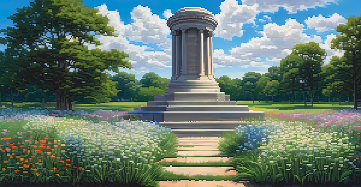 A stone monument memorializing the Battle of Charlotte, surrounded by wildflowers and grass under a bright blue sky.