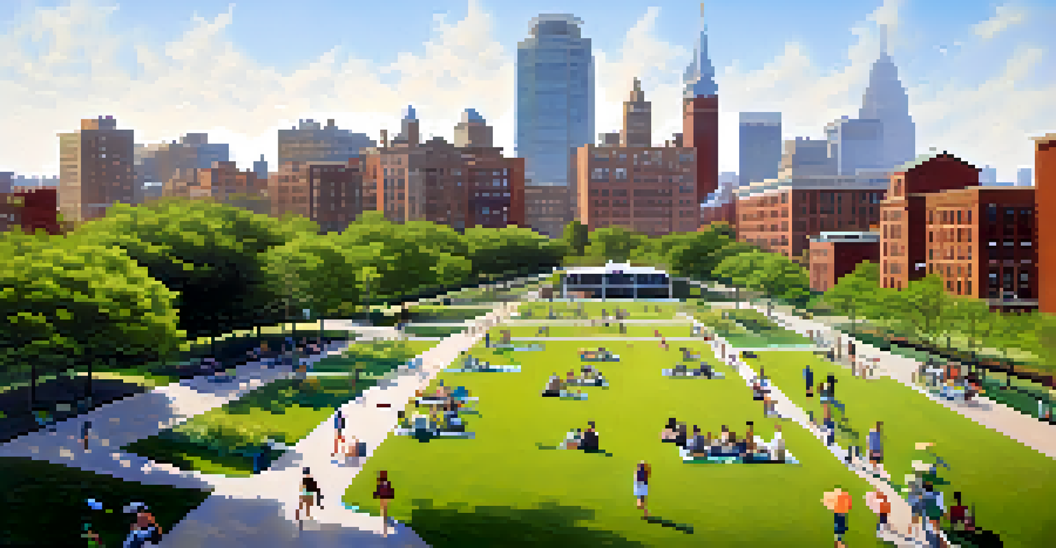 An aerial view of South End Park showcasing green spaces, people enjoying picnics and jogging, with urban buildings in the background.