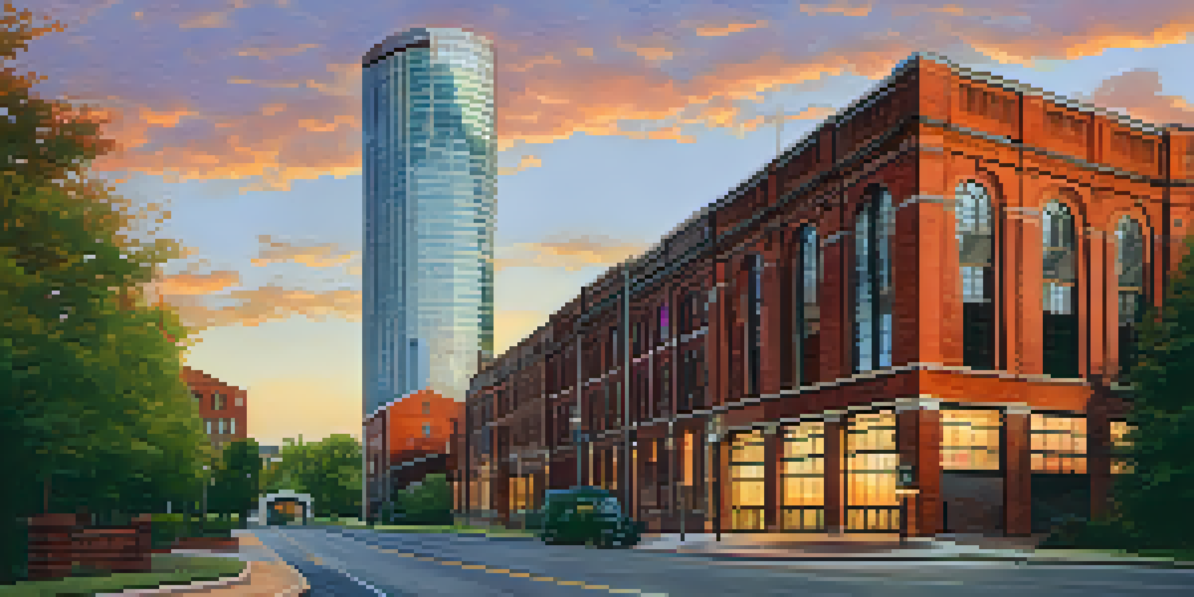 A vibrant sunset view of Charlotte's skyline with modern skyscrapers and an old textile mill in the foreground.