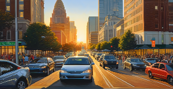 A bustling city street in Charlotte at sunset, with various cars and groups of people carpooling, emphasizing community and connectivity.