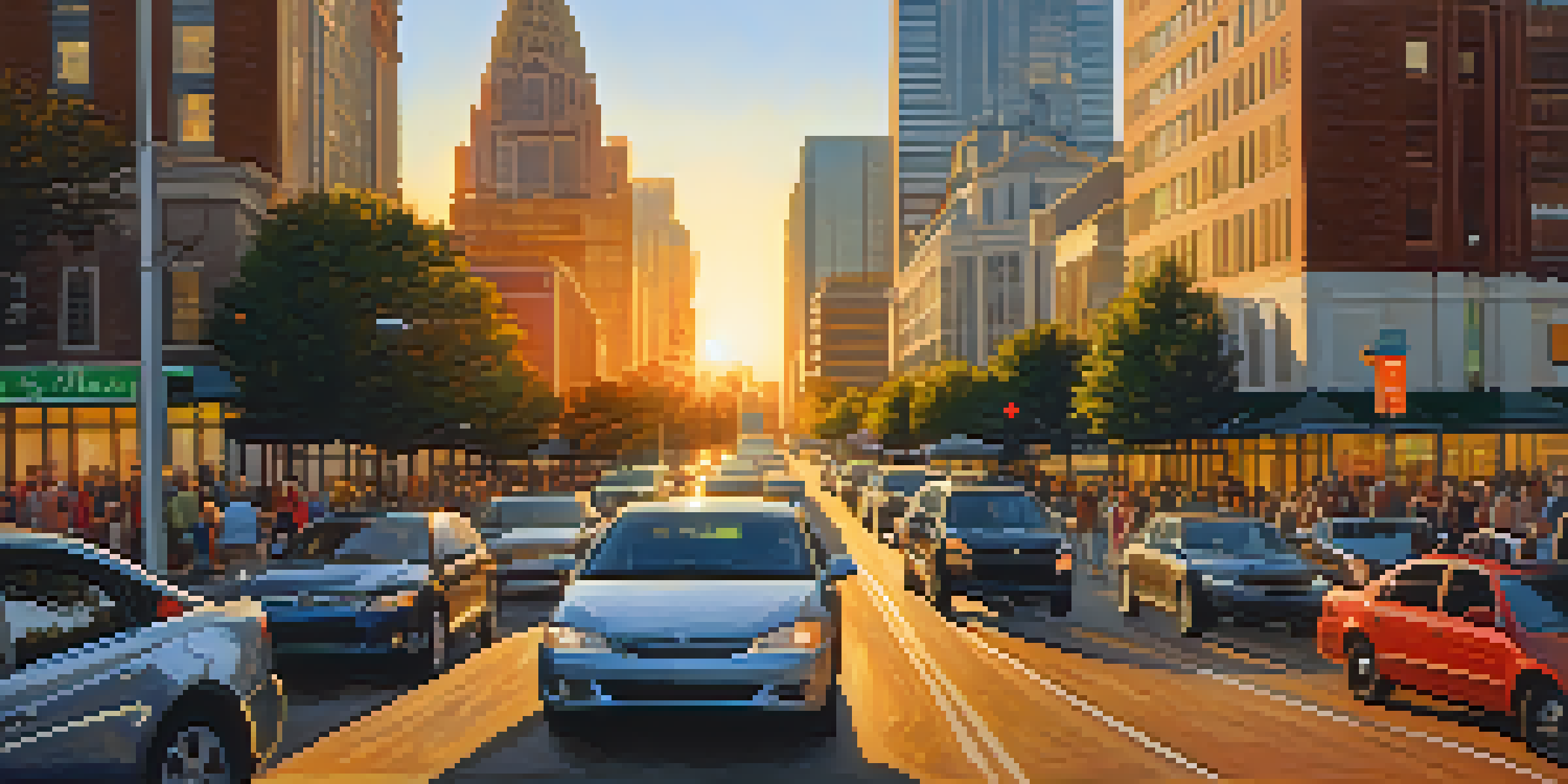A bustling city street in Charlotte at sunset, with various cars and groups of people carpooling, emphasizing community and connectivity.