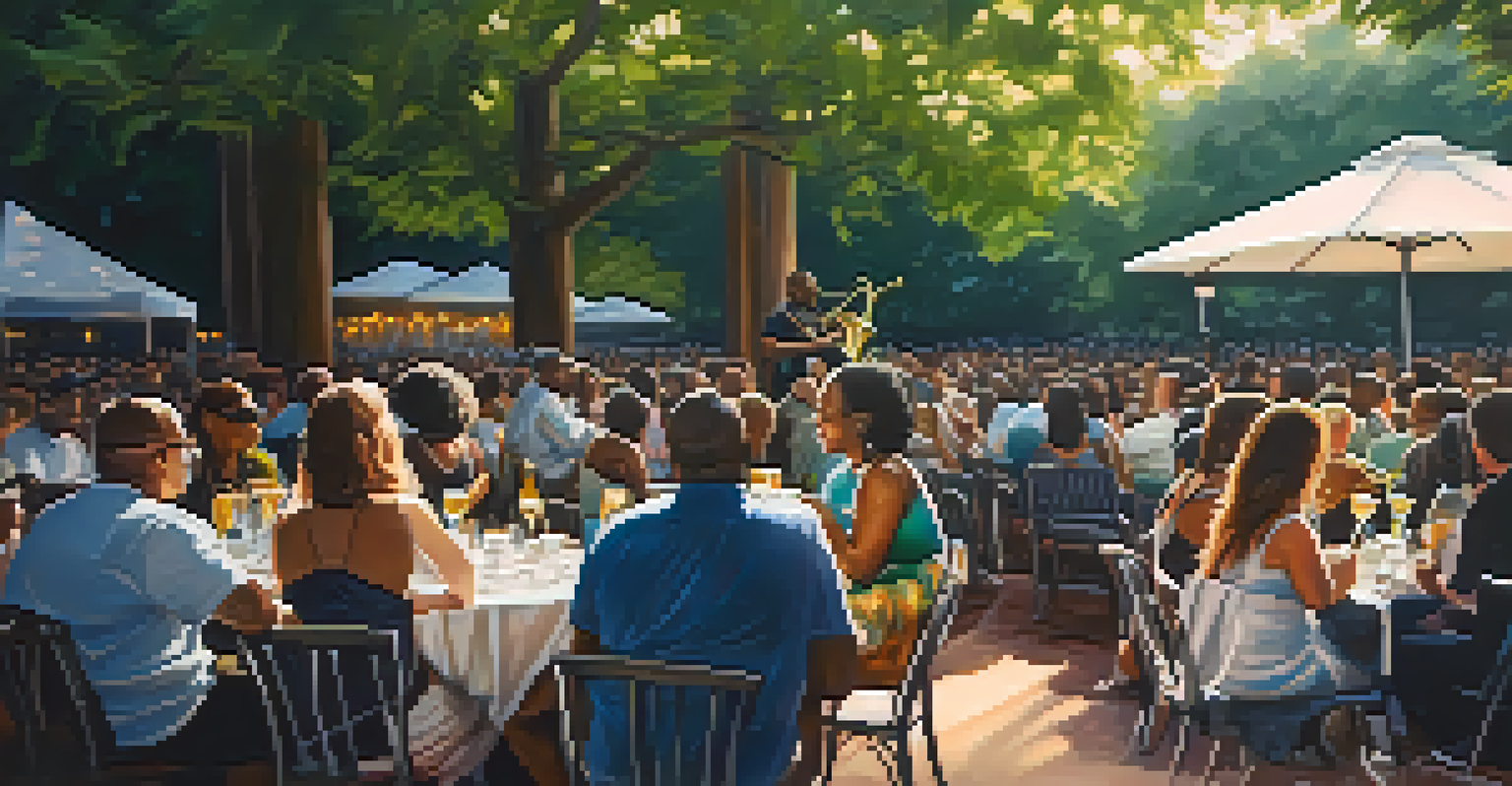 A jazz artist playing a saxophone at the Charlotte Jazz Festival, with an audience enjoying the performance in a serene outdoor setting.