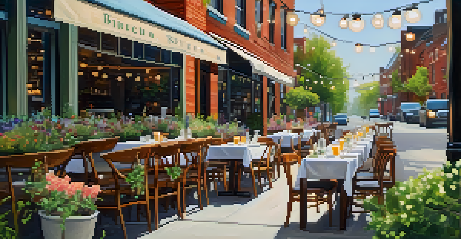 A charming outdoor dining setup at a restaurant in South End, Charlotte, with patrons enjoying brunch under string lights.