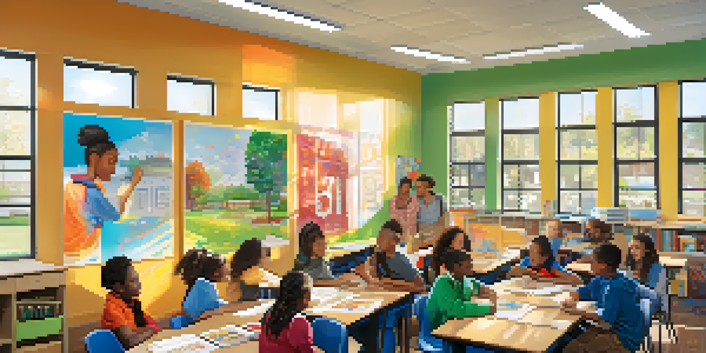 A diverse group of students working together in a bright classroom filled with educational posters and student artwork.