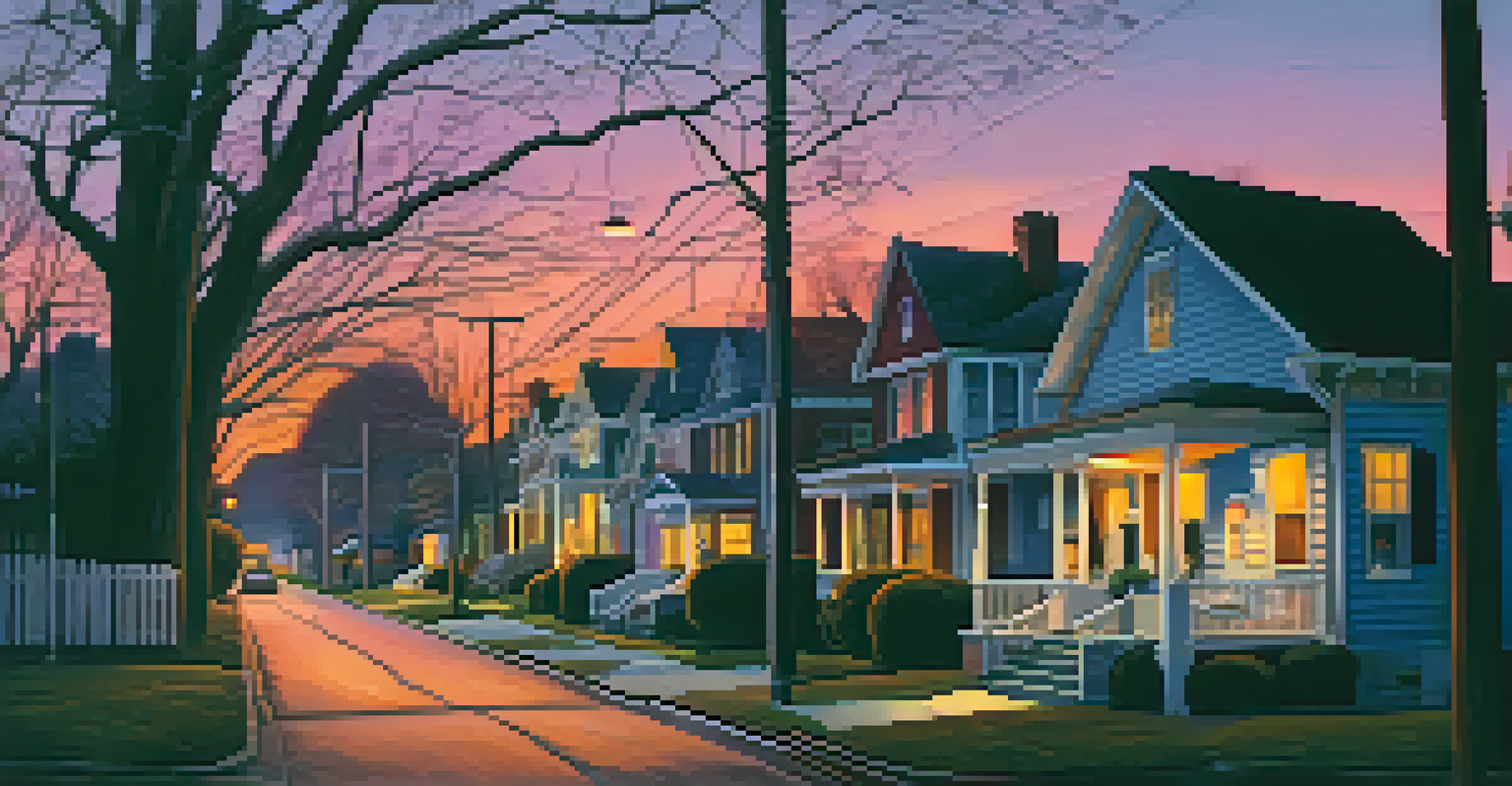A quiet street in Charlotte at dusk with a shadowy figure of the Charlotte Banshee in the distance, under a colorful sunset sky.