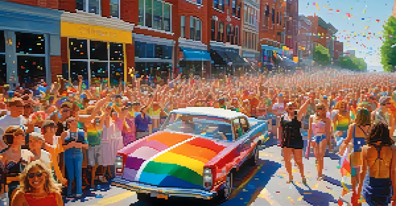 A lively scene from the Charlotte Pride festival in the 2000s, featuring a colorful parade with floats and people celebrating in rainbow colors under bright sunlight.