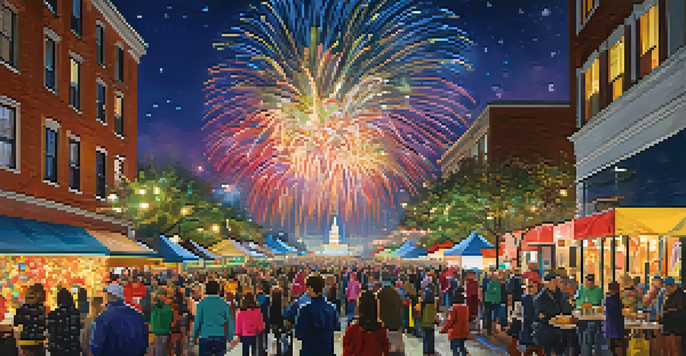 Families celebrating at the Charlotte New Year’s Eve Festival, with fireworks in the sky and food vendors in the background.