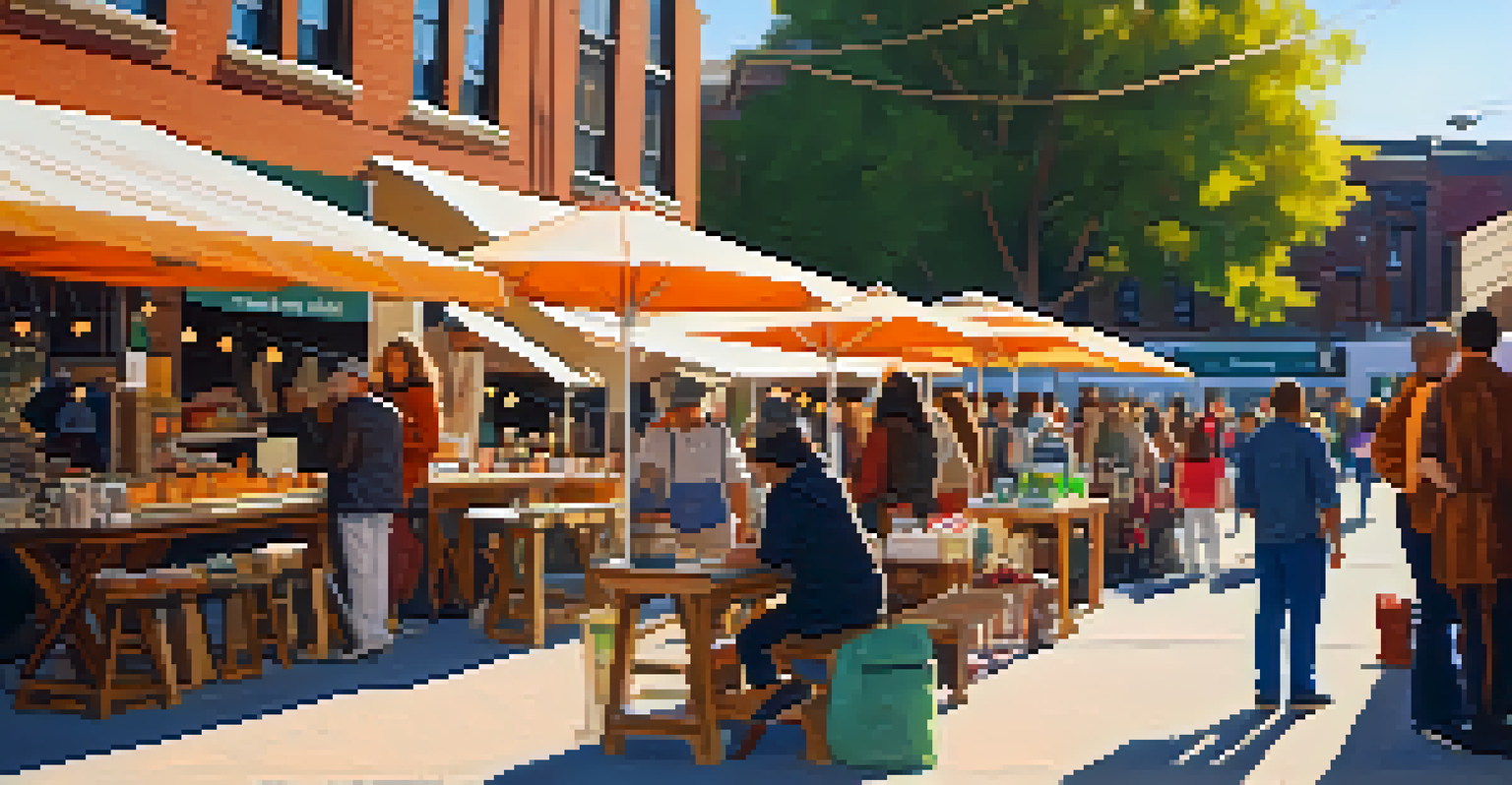 A bustling South End Artisan Market with artisans showcasing handcrafted goods and food trucks in a lively setting.