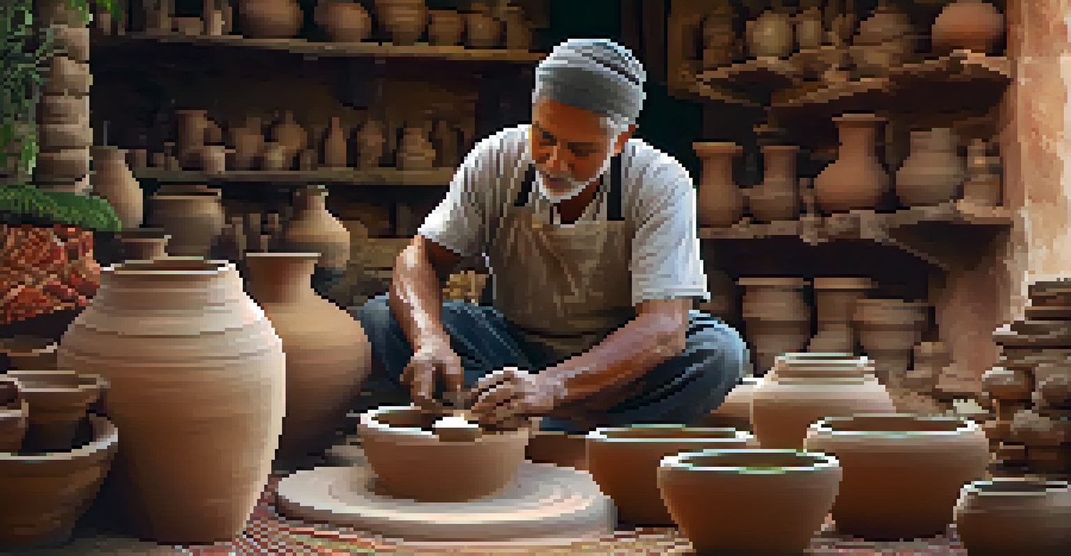 An artisan shaping clay on a potter's wheel at a colorful local market with finished pottery around.