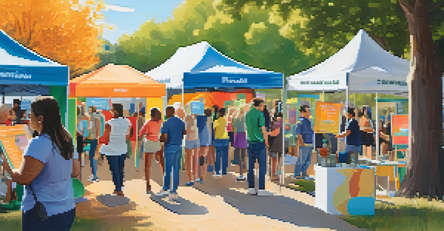 A community mental health awareness event outdoors with a booth and people interacting under a sunny sky.
