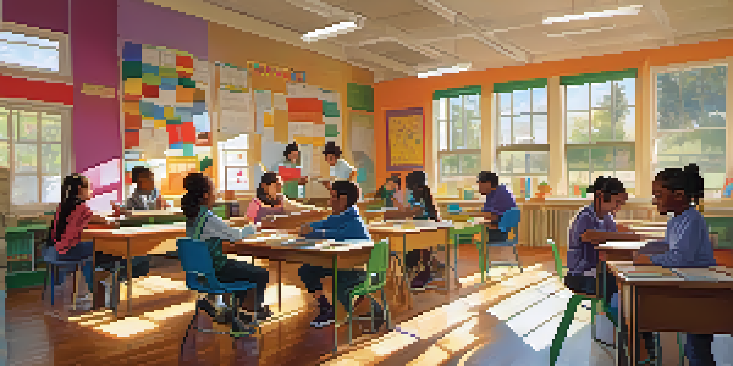 A diverse group of students in a bright classroom collaborating on a project with a teacher, surrounded by educational materials and sunlight.
