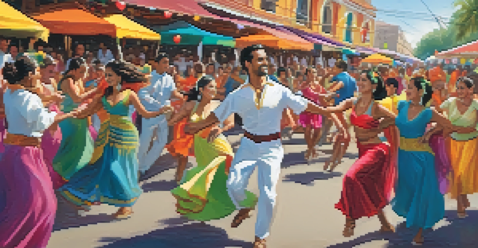 Dancers in traditional attire performing salsa at the Latin American Festival with colorful decorations and food stalls.