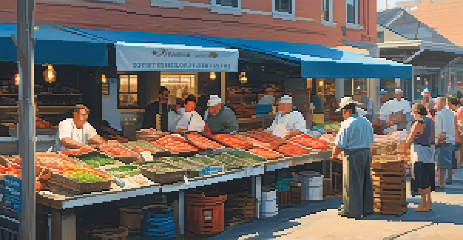 A lively seafood market with vendors and customers, showcasing fresh seafood and colorful produce under warm sunlight.